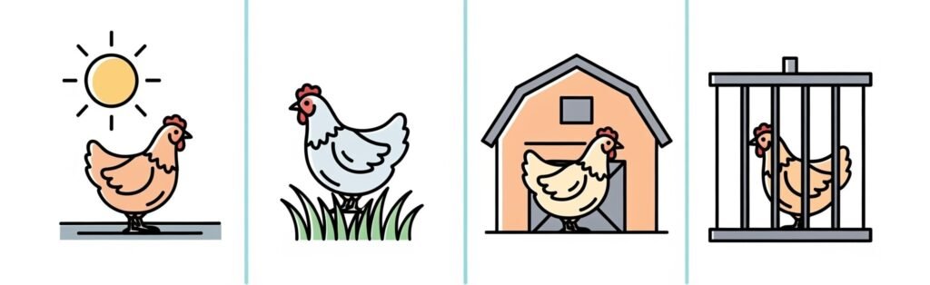Infografía que explica la numeración de los huevos del 0 al 3, con iconos de gallinas para cada tipo de cría: ecológica, campera, de suelo y en jaula.