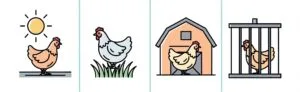 Infografía que explica la numeración de los huevos del 0 al 3, con iconos de gallinas para cada tipo de cría: ecológica, campera, de suelo y en jaula.