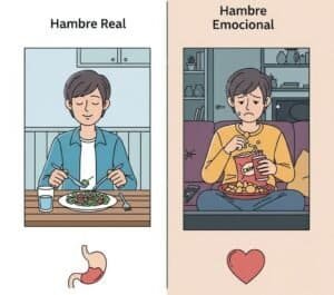 Infografía que muestra la diferencia entre el Hambre Real, una persona comiendo tranquilamente una ensalada, y el Hambre Emocional, la misma persona comiendo snacks por tristeza en el sofá.