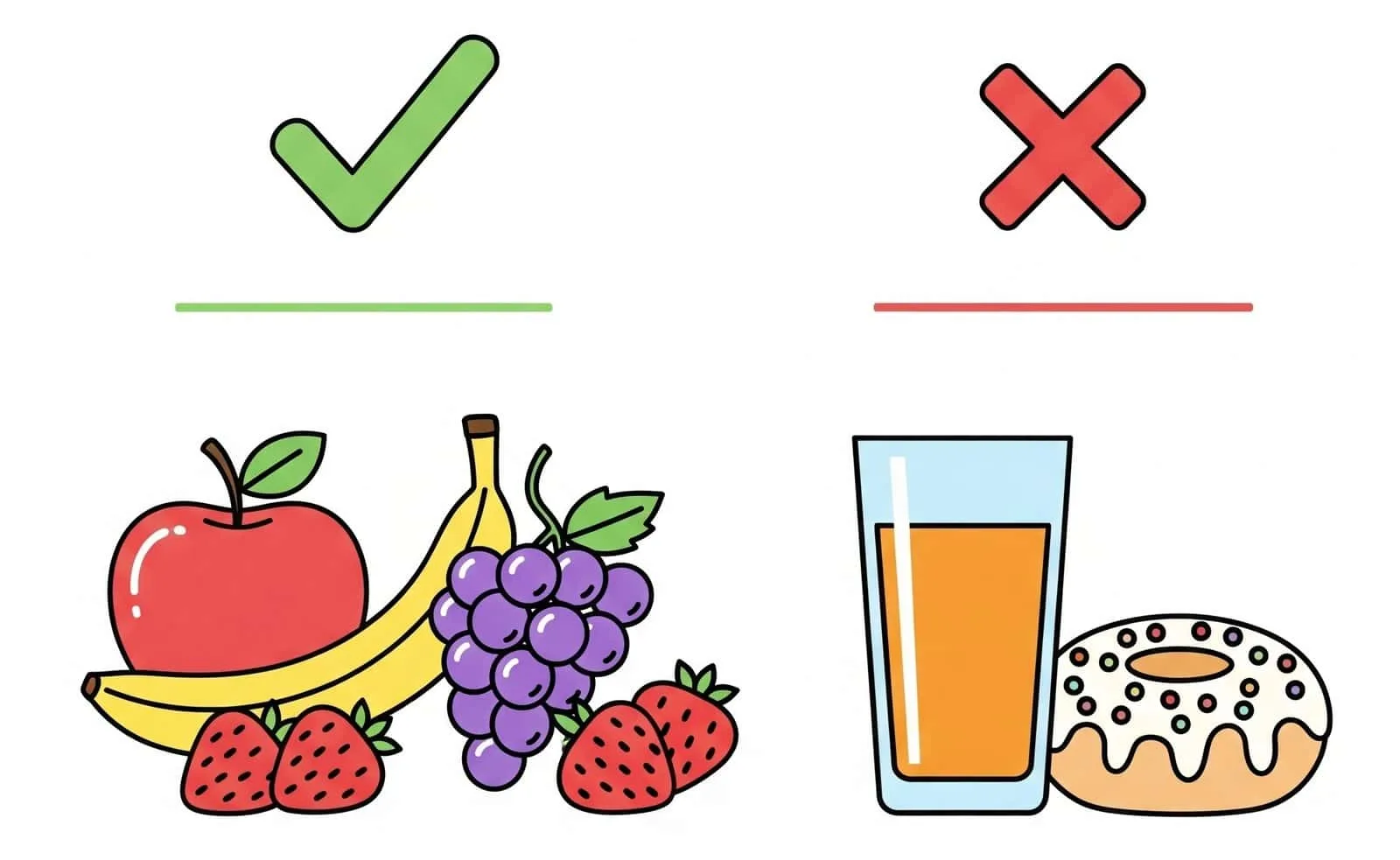Infografía comparando la fruta entera (manzana, plátano, uvas), que es saludable, con el zumo de fruta y un donut, que son azúcares procesados.