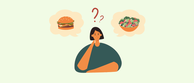 Ilustración que representa las diferencias entre hambre física y emocional, mostrando alimentos y emociones en el contexto de la alimentación consciente.