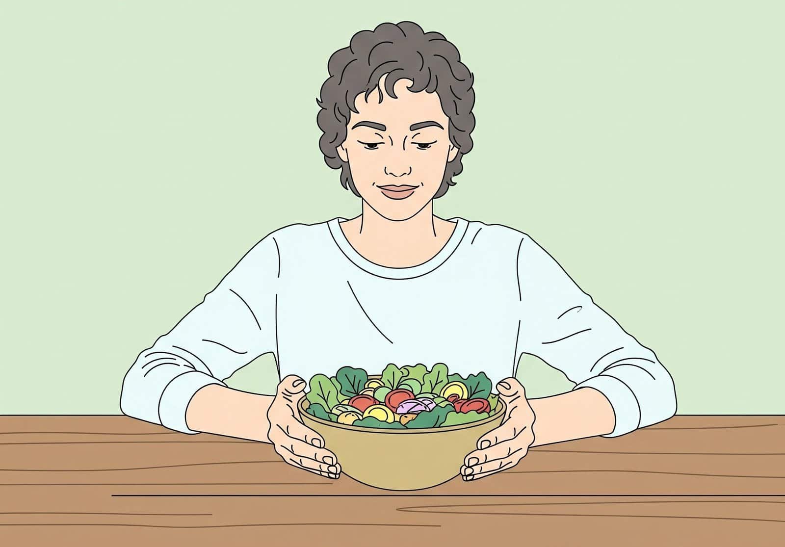 Ilustración de una persona practicando la alimentación consciente, sentada tranquilamente frente a su ensalada sin distracciones para reconectar con su cuerpo.