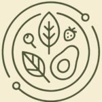Icono de nutrición antiinflamatoria y hormonal con aguacate y alimentos reales para la menopausia.