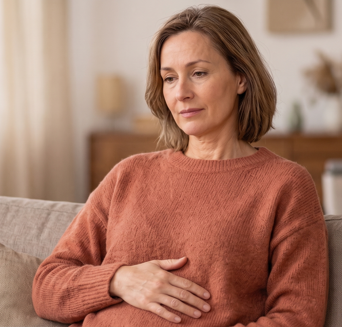 Mujer madura sentada en un sofá tocándose el abdomen debido a la inflamación por la menopausia.