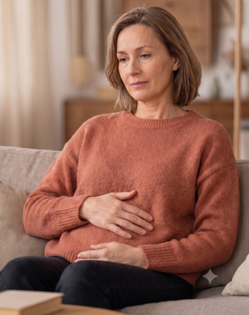 Mujer madura sentada en un sofá tocándose el abdomen debido a la inflamación por la menopausia.